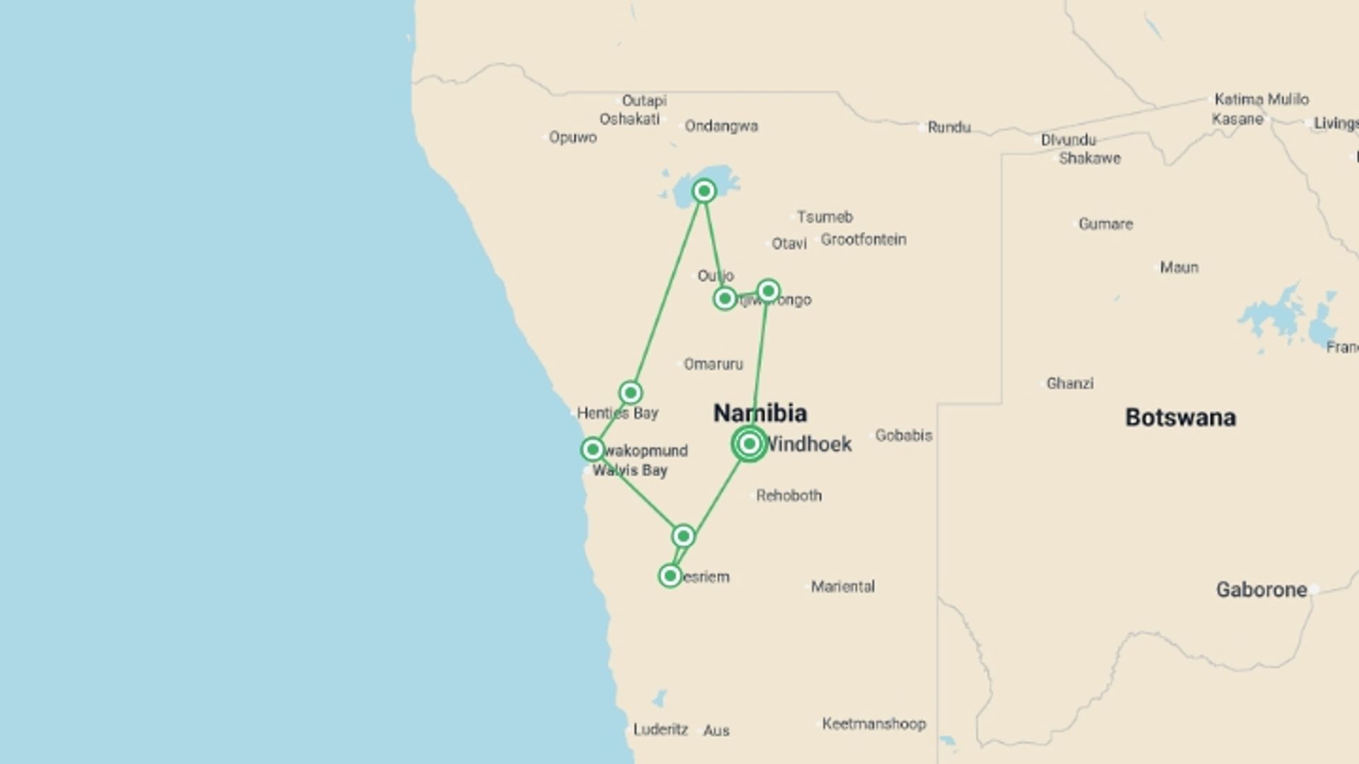 A map showing the tour itinerary for the trip: Cycle Namibia, starting in Windhoek, Namibia and ending in Windhoek, Namibia going through 7 other destinations.