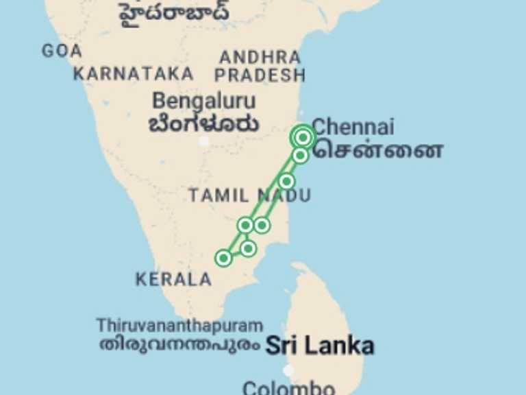 Map itinerary of India Tour in November 2026 with 8 destination visits for the trip: Explore Tamil Nadu (South India)
