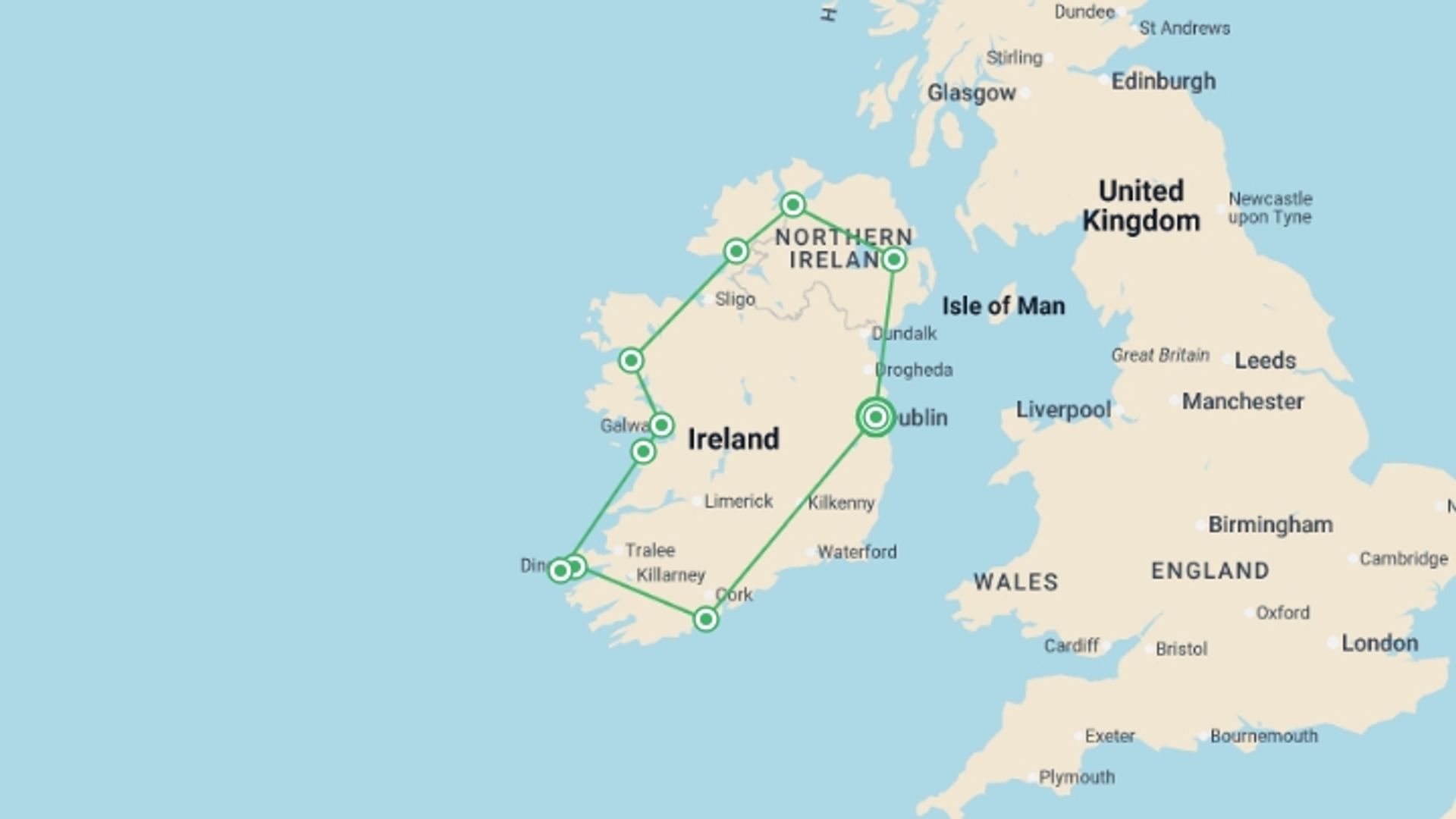 A map showing the tour itinerary for the trip: Classic Ireland - 10 days, starting in Dublin, Ireland and ending in Dublin, Ireland going through 9 other destinations.