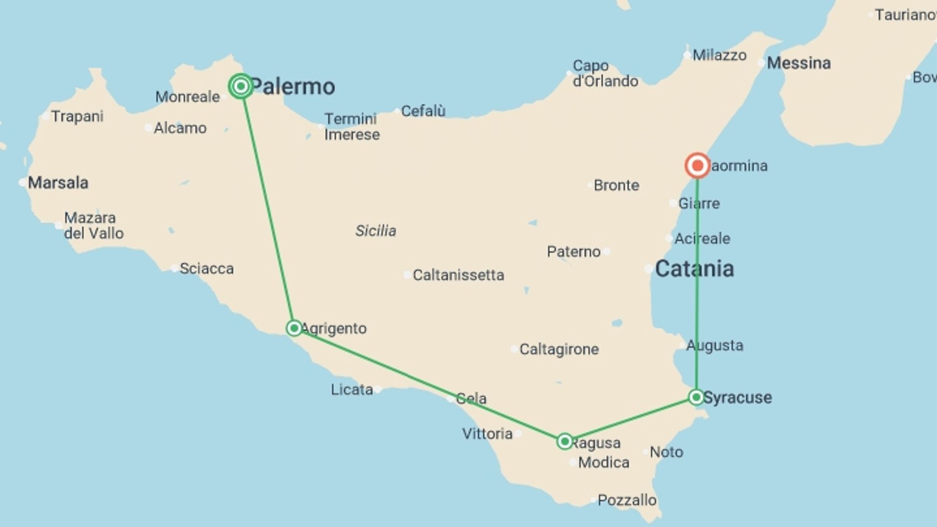 A map showing the tour itinerary for the trip: Sizzling Sicily - 7 days , starting in Palermo, Italy and ending in Taormina, Italy going through 3 other destinations.