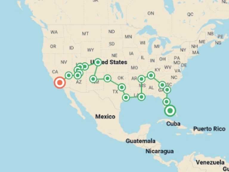 Map itinerary of USA Tour in December 2026 with 17 destination visits for the trip: USA Road Trip