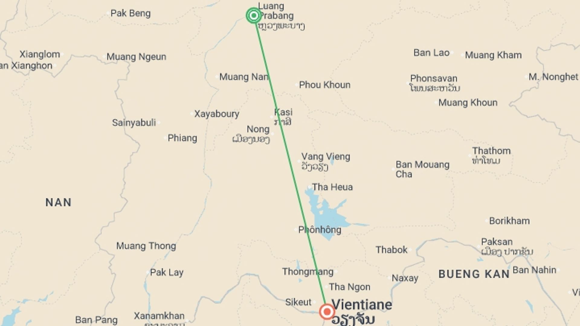 A map showing the tour itinerary for the trip: Luang Prabang to Vientiane - 6 days, starting in Luang Prabang, Laos and ending in Vientiane, Laos going through 0 other destinations.