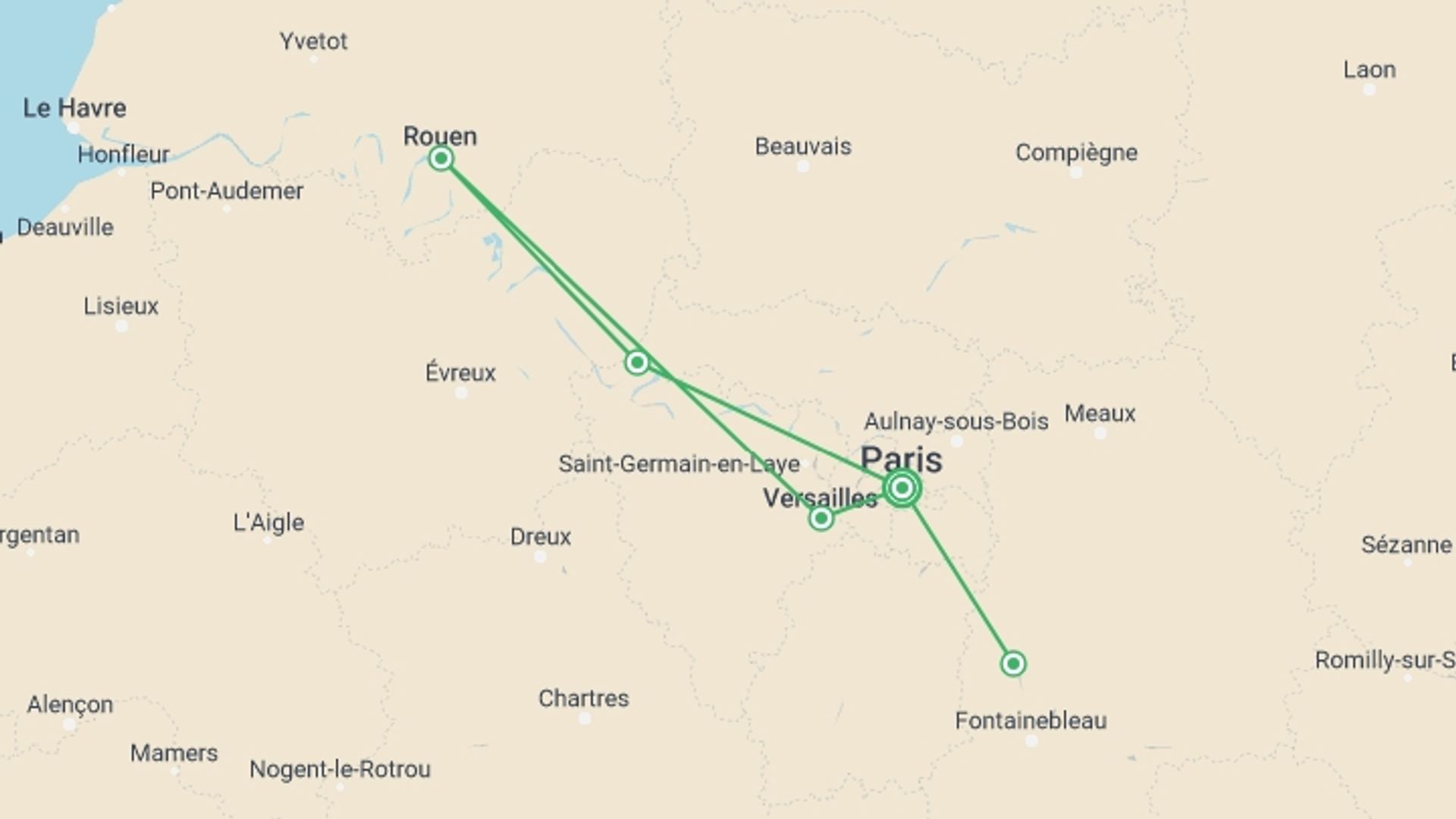 A map showing the tour itinerary for the trip: THE HISTORY OF FRANCE FROM PARIS TO NORMANDY Between heritage, landscapes, and Impressionist nuances (port-to-port cruise), starting in Paris, France and ending in Paris, France going through 4 other destinations.