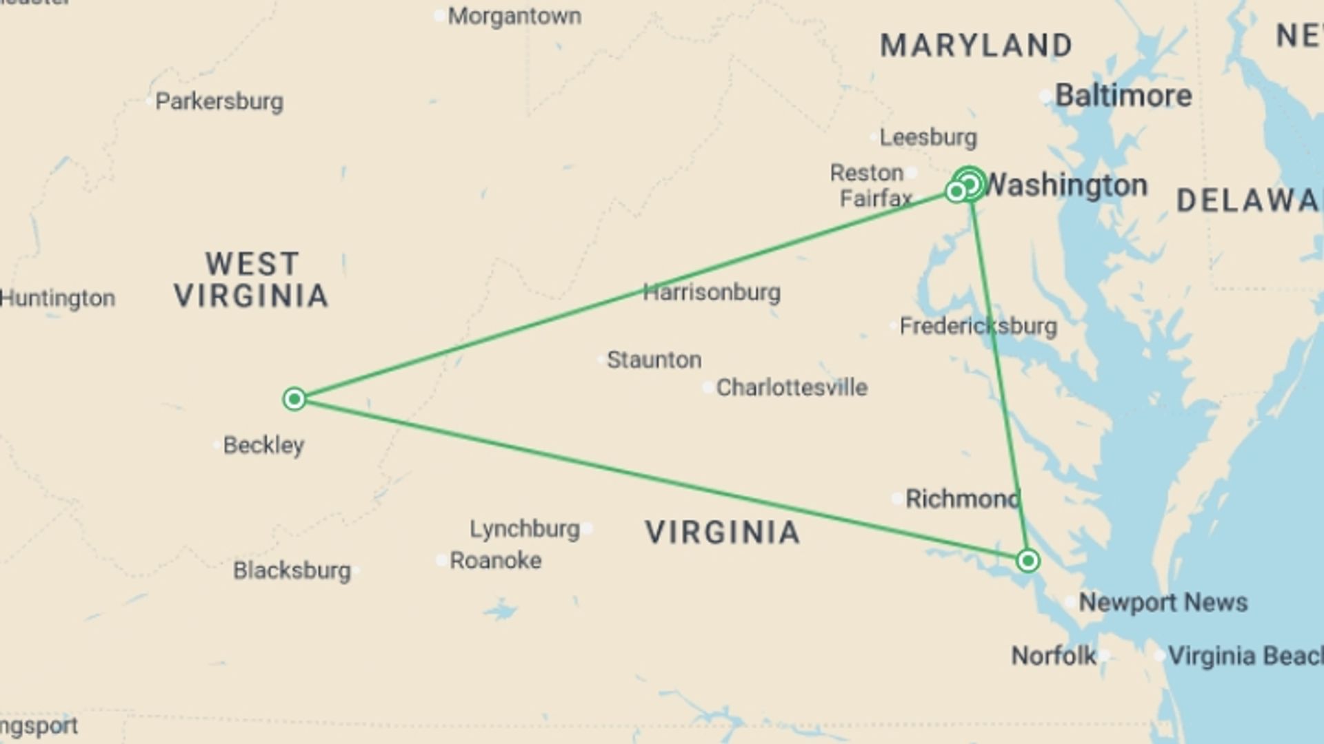 A map showing the tour itinerary for the trip: American Heritage featuring The Greenbrier Resort, starting in Washington D.C., USA and ending in Washington D.C., USA going through 3 other destinations.