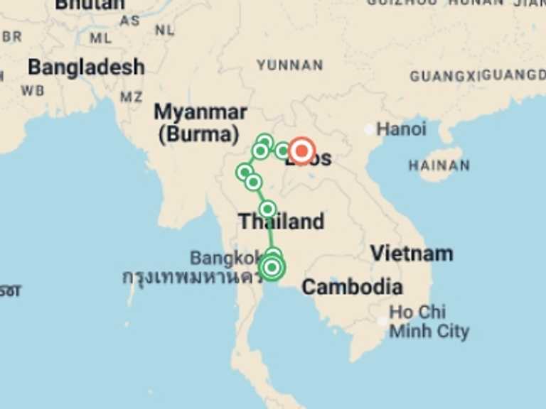 Map of Asia Tour with 7 destination visits for the trip: Temples of Thailand and the Essence of Laos