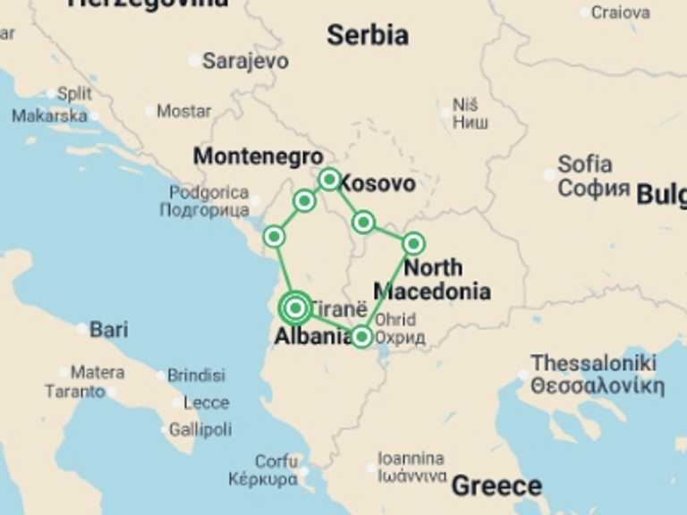 Map itinerary of Europe Tour in June 2027 with 7 destination visits for the trip: Kosovo, Albania & Macedonia Explorer
