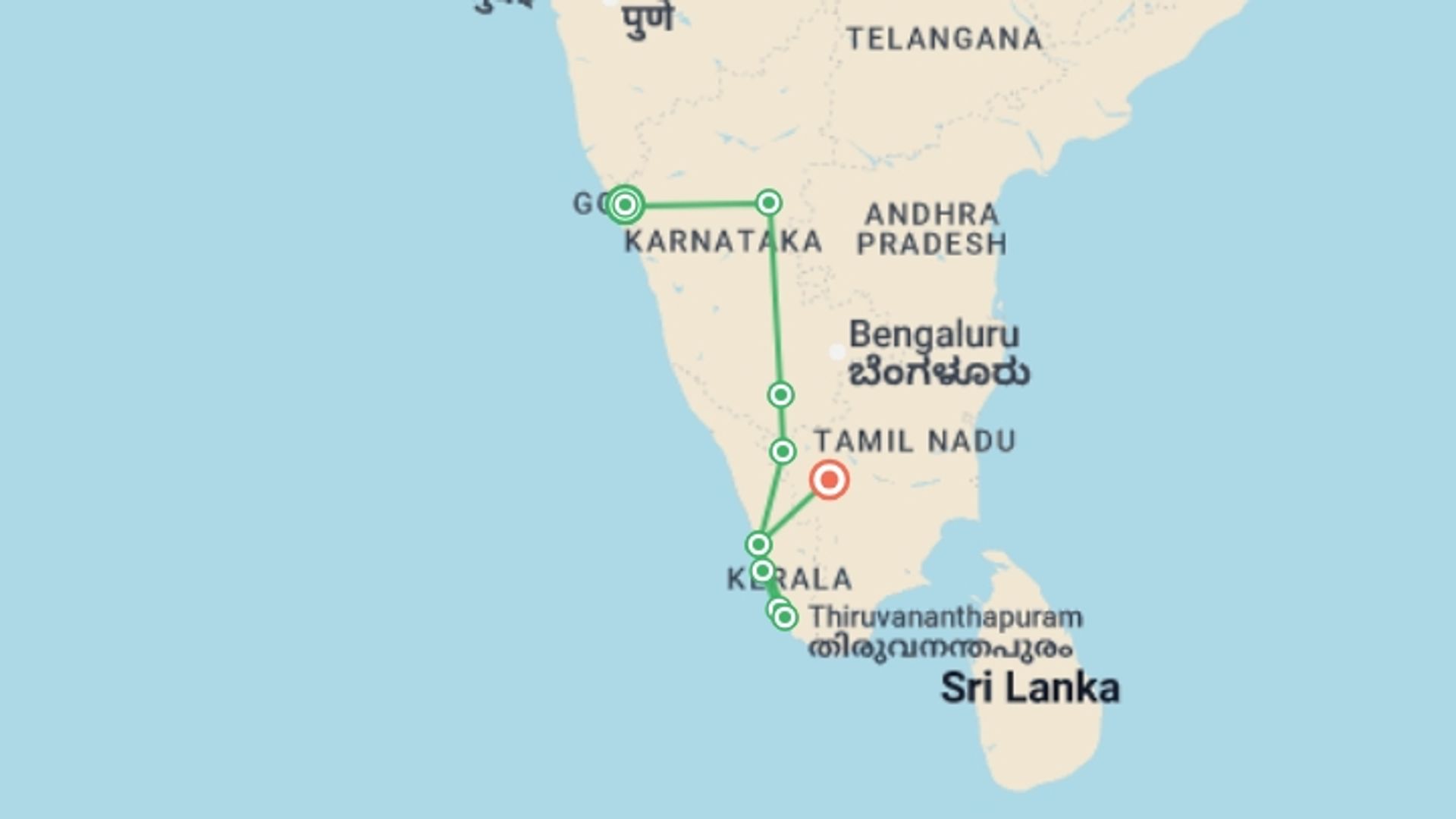 A map showing the tour itinerary for the trip: India: Kochi & Goa's Golden Beaches, starting in Goa, India and ending in Kerala & Tamil Nadu, India going through 5 other destinations.