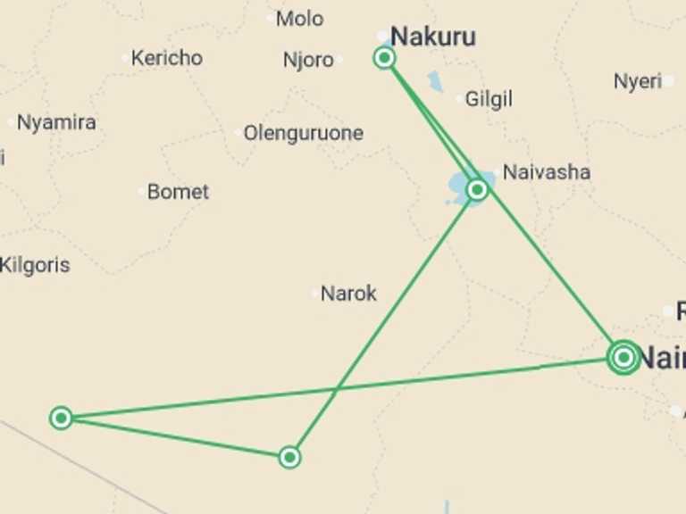 Map itinerary of Nairobi Tour in October 2026 with 5 destination visits for the trip: Kenya Wildlife Safari
