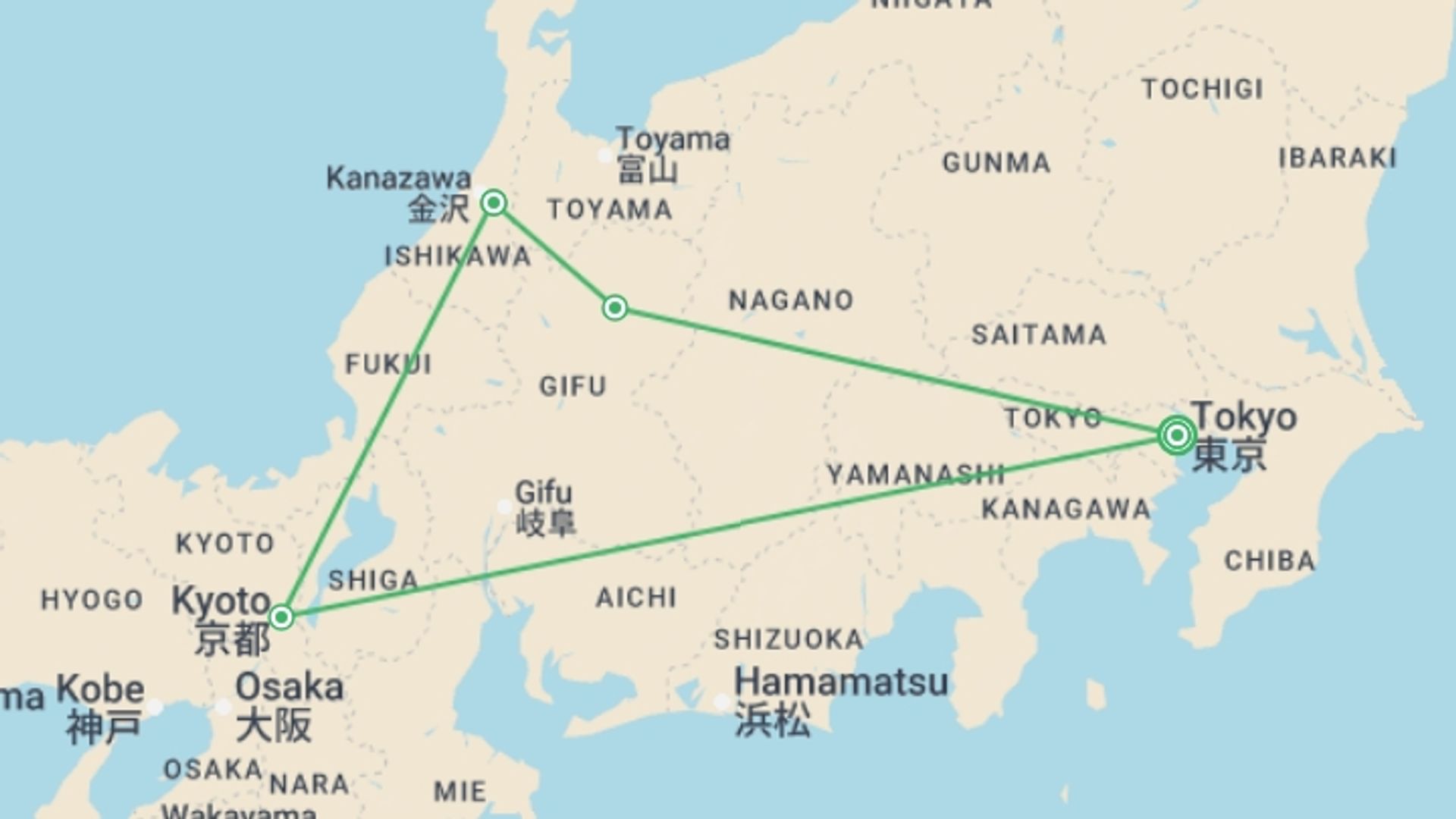 A map showing the tour itinerary for the trip: Feudal Japan, starting in Tokyo, Japan and ending in Tokyo, Japan going through 3 other destinations.