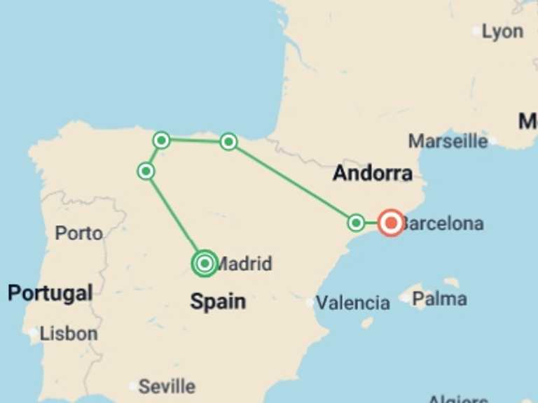 Map itinerary of Spain Tour in February 2026 with 6 destination visits for the trip: Spanish Bliss end Barcelona
