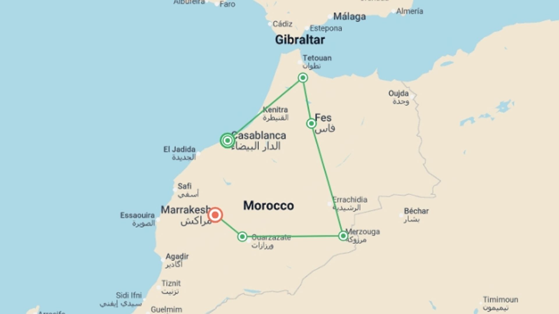 A map showing the tour itinerary for the trip: Morocco: Casablanca to Marrakesh, starting in Casablanca, Morocco and ending in Marrakech, Morocco going through 5 other destinations.