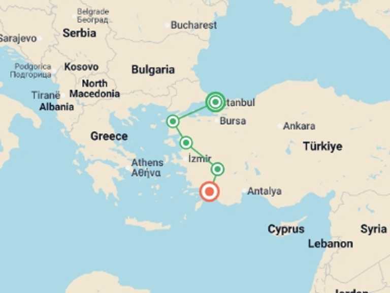 Map itinerary of Mediterranean Tour in September 2026 with 7 destination visits for the trip: Highlights of Turkey