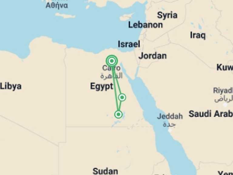 Map of 8-Day Luxor Tour with 3 destination visits for the trip: Jewels of the Nile  (5 & 4 Star Hotels)