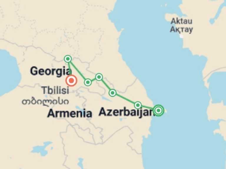 Map of Europe Tour with 7 destination visits for the trip: 11 days Azerbaijan & Georgia Private Tour
