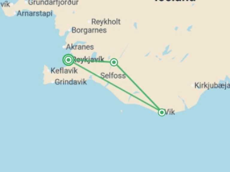 Map itinerary of Europe Tour in Spring with 3 destination visits for the trip: Six Days in Iceland