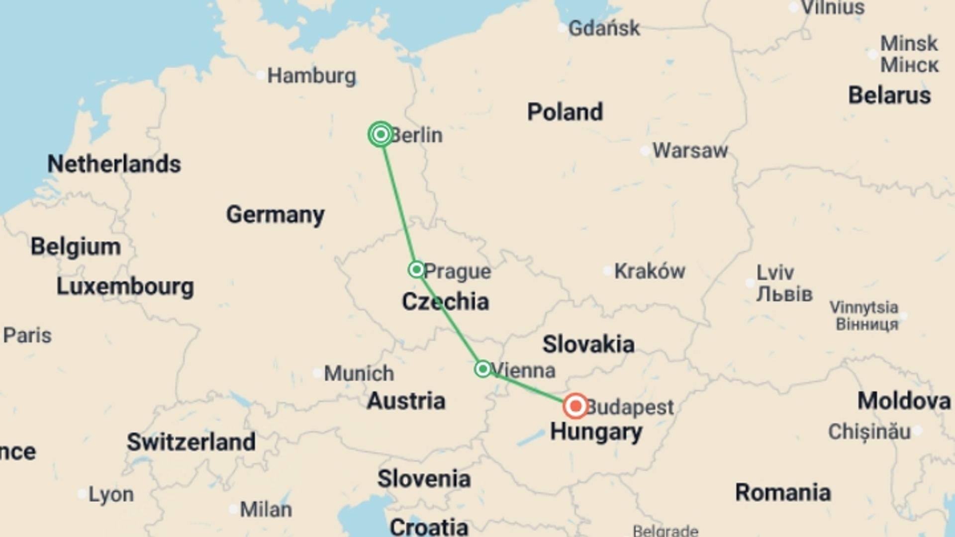 A map showing the tour itinerary for the trip: Berlin to Budapest by Train, starting in Berlin, Germany and ending in Budapest, Hungary going through 2 other destinations.