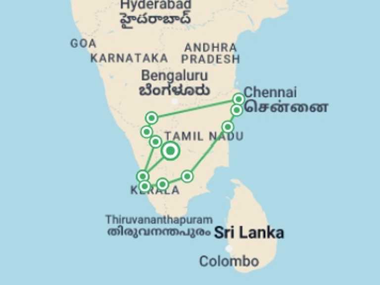 Map itinerary of India Tour in September 2027 with 10 destination visits for the trip: Southern India