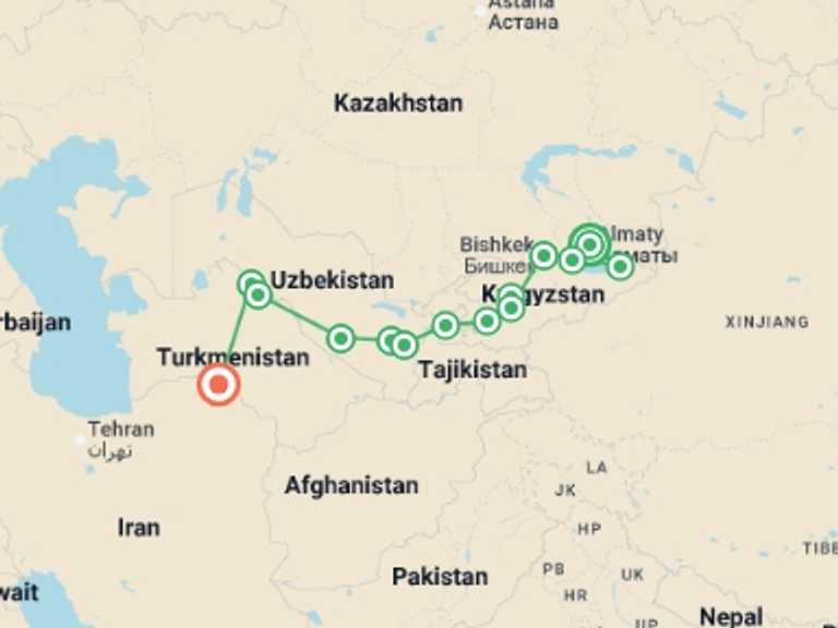 Map itinerary of Bishkek Tour in May 2026 with 14 destination visits for the trip: The Five Stans of the Silk Road - Almaty to Ashgabat