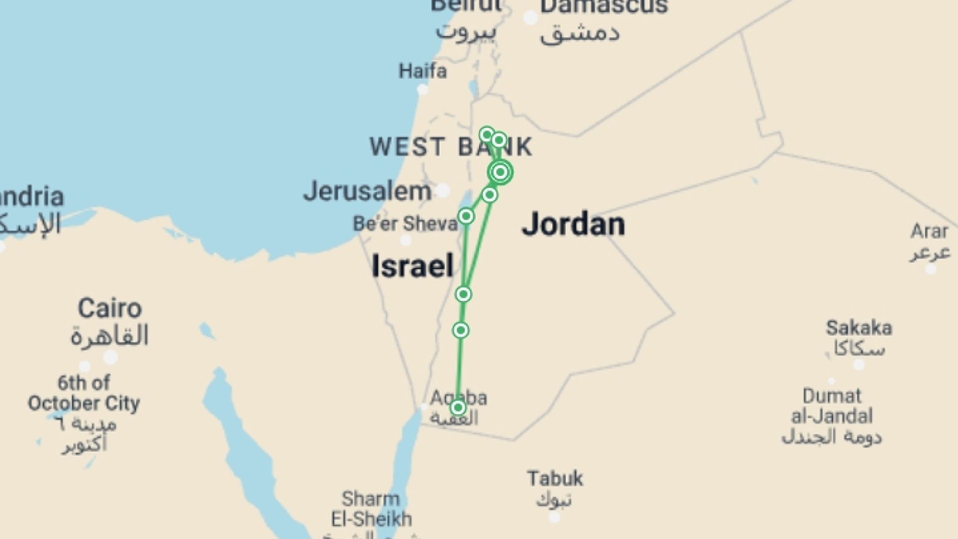 A map showing the tour itinerary for the trip: Jordan Culture & Heritage Tour, starting in Amman, Jordan and ending in Amman, Jordan going through 4 other destinations.
