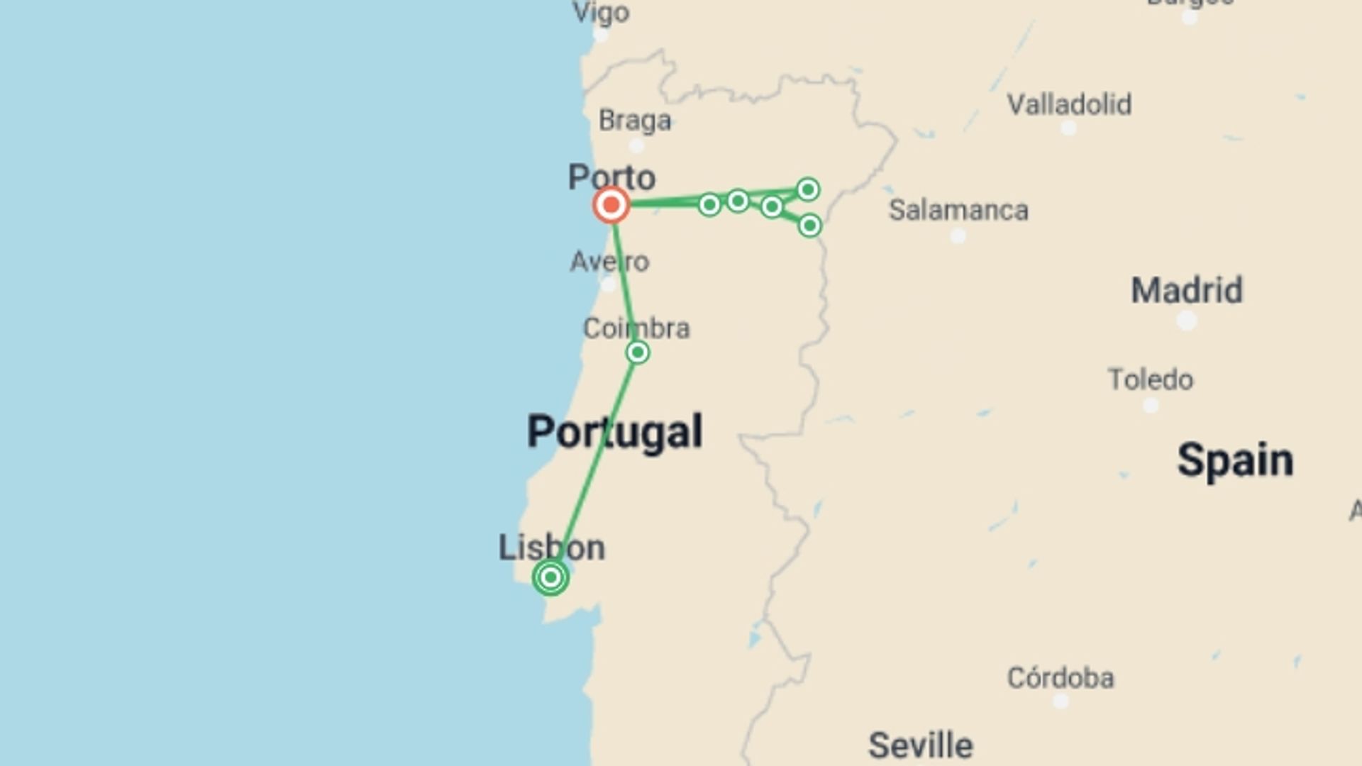 A map showing the tour itinerary for the trip: Lisbon, Porto and the Douro valley (Portugal) and Salamanca (Spain) (port-to-port cruise), starting in Lisbon, Portugal and ending in Porto, Portugal going through 4 other destinations.