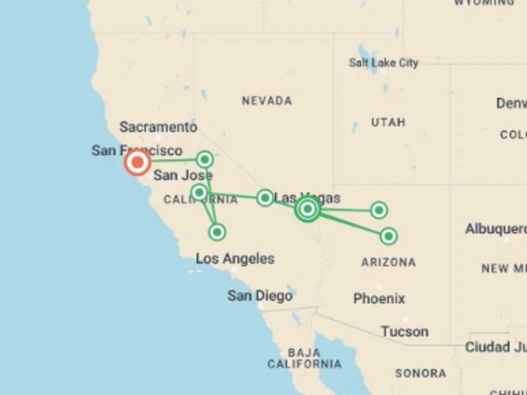 Map of 8-Day San Francisco Tour with 7 destination visits for the trip: Great Cities of the West, Ending in San Francisco