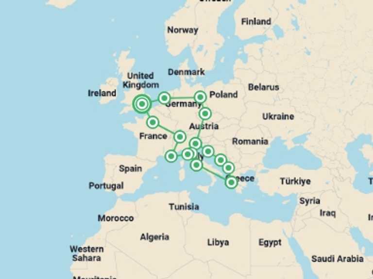 Map itinerary of London Tour in September 2025 with 14 destination visits for the trip: Get Social: Big European