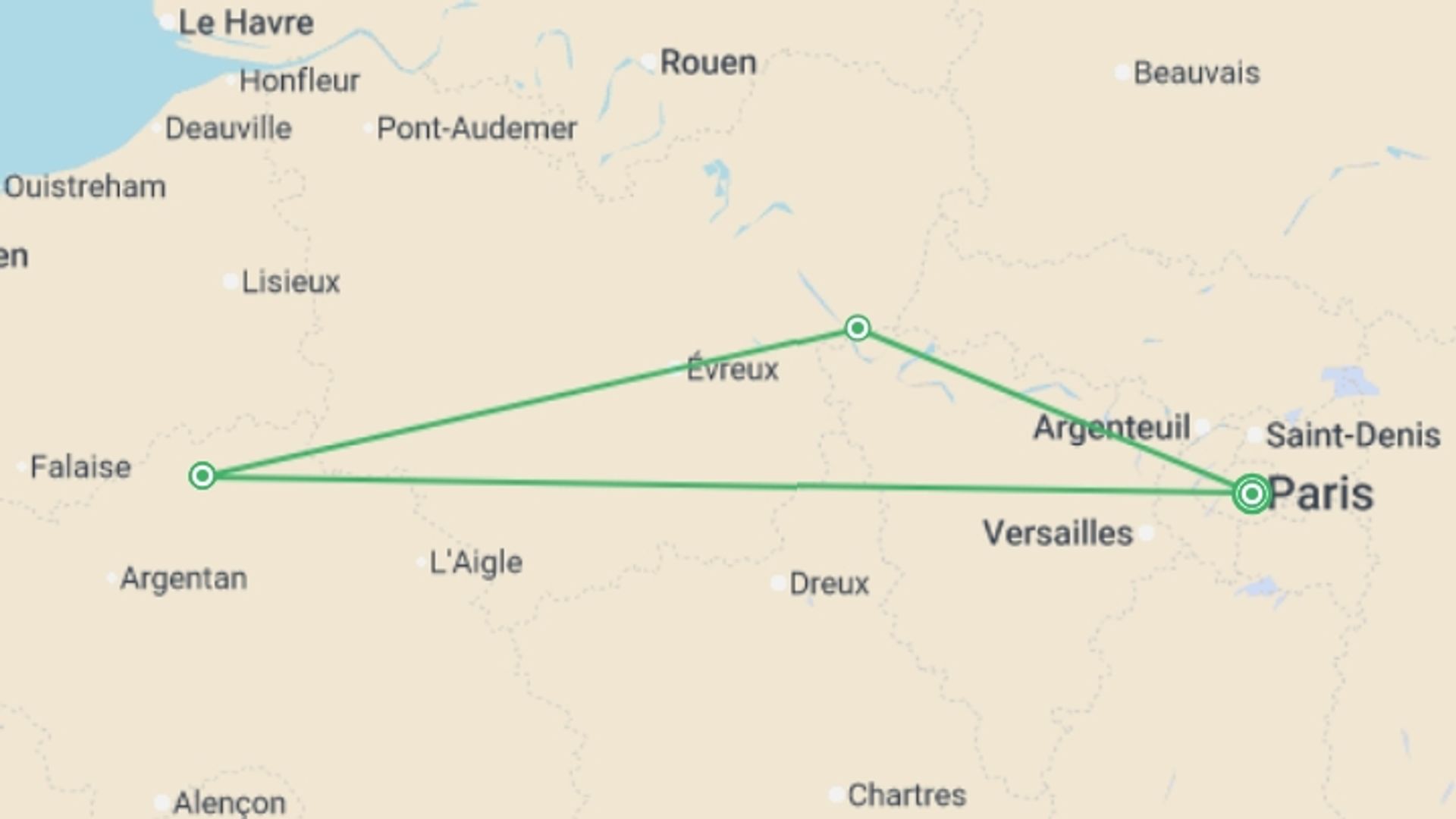 A map showing the tour itinerary for the trip: Journeys: Paris & Normandy Highlights, starting in Paris, France and ending in Paris, France going through 1 other destinations.