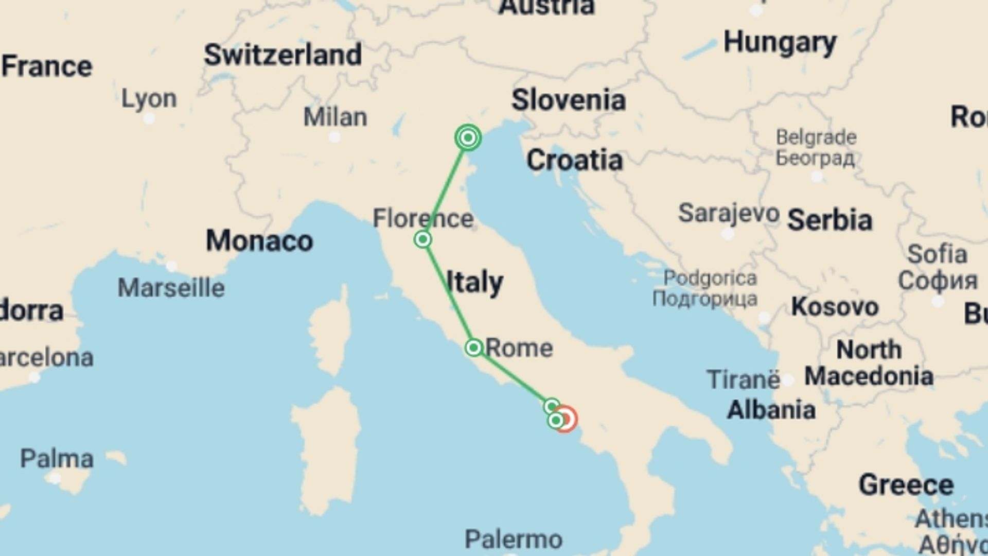 A map showing the tour itinerary for the trip: Italian Wonders: Venice to the Amalfi Coast, starting in Venice, Italy and ending in Amalfi Coast & Campania, Italy going through 6 other destinations.