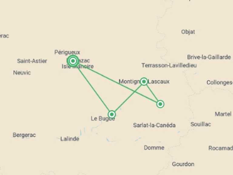 Map of a Adventure Tour with 4 destination visits for the trip: Dordogne Valleys and Villages Cycling