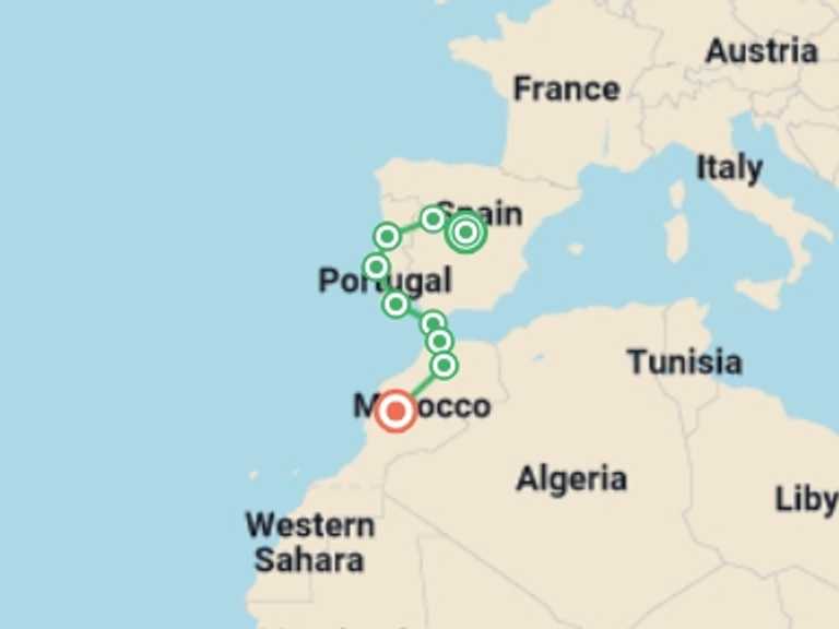 Map itinerary of Europe Tour in June 2027 with 9 destination visits for the trip: Madrid to Marrakech