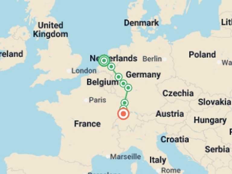 Map itinerary of Europe Tour in April 2027 with 6 destination visits for the trip: From Amsterdam to Basel: The Treasures of the Celebrated Rhine River (port-to-port cruise)