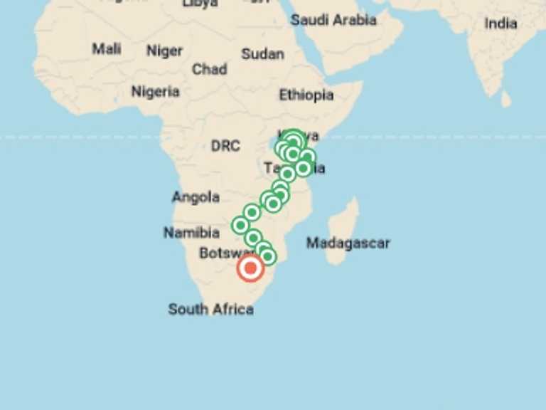 Map of Africa Explorer Tour with 19 destination visits for the trip: Nairobi to Joburg Overland: Craters & Camping