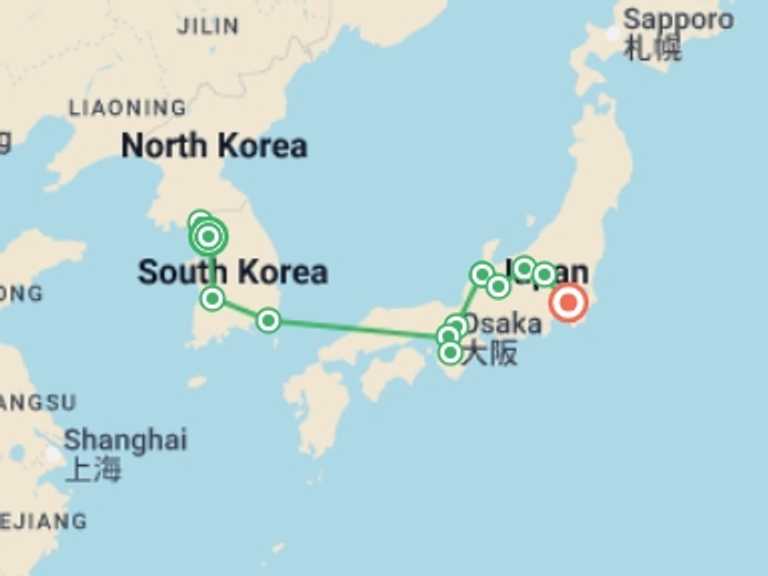 Map of Asia Tour with 11 destination visits for the trip: South Korea and Feudal Japan