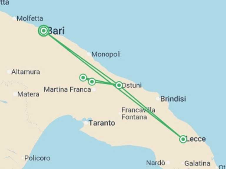 Map itinerary of Bari Tour in July 2026 with 3 destination visits for the trip: Puglia by Train - 7 days