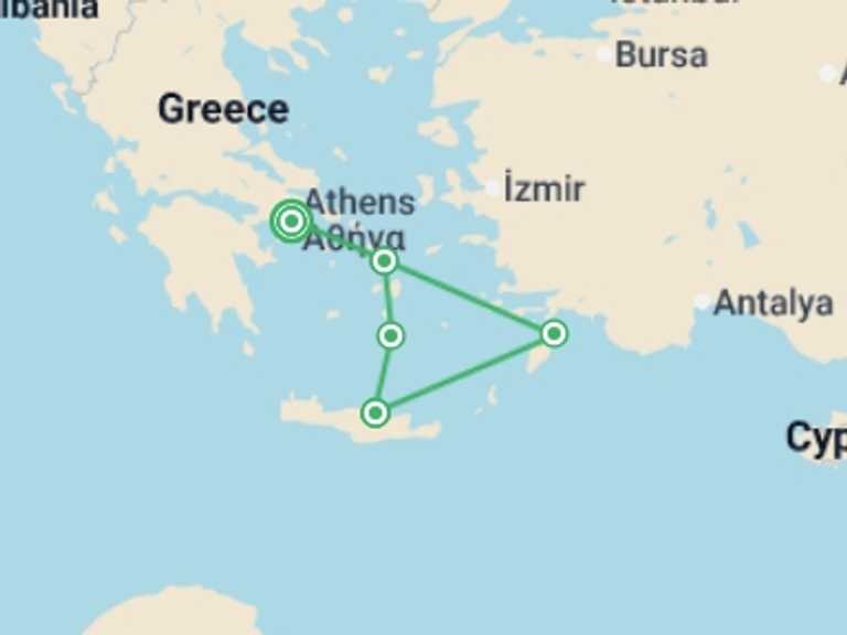 Map of Europe Tour with 5 destination visits for the trip: Essential Greece with Mykonos