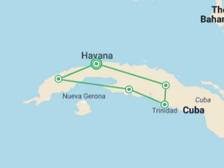 Map itinerary of Havana Tour in December 2026 with 5 destination visits for the trip: Biking Cuba