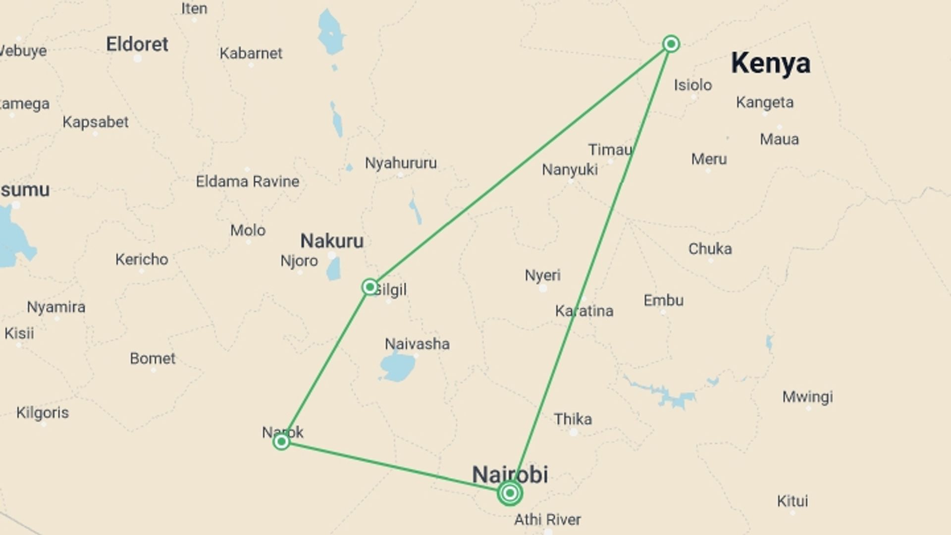 A map showing the tour itinerary for the trip: Kenya Up Close (superior) - 8 days, starting in Nairobi, Kenya and ending in Nairobi, Kenya going through 4 other destinations.