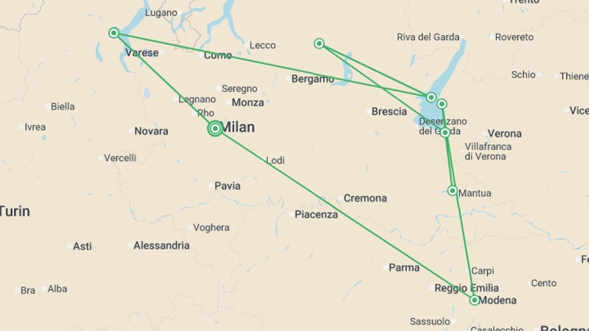 A map showing the tour itinerary for the trip: Northern Italian Lakes & Countryside, starting in Milan, Italy and ending in Milan, Italy going through 6 other destinations.