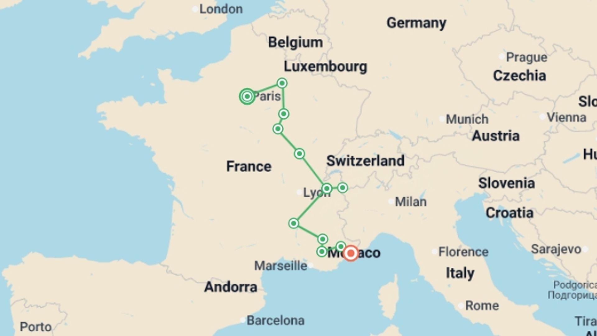 A map showing the tour itinerary for the trip: Paris to Nice through Vineyards and Mountains, starting in Paris, France and ending in Nice, France going through 5 other destinations.