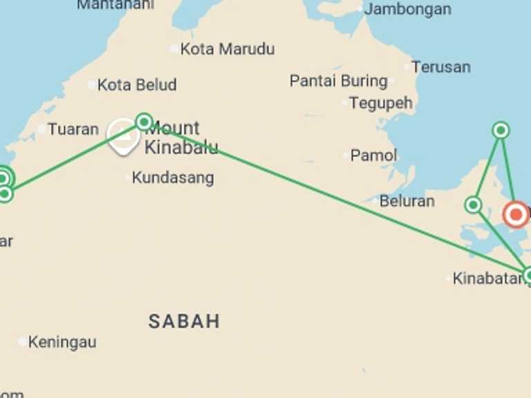 Map itinerary of Malaysia Tour in August 2026 with 7 destination visits for the trip: Sabah Adventure
