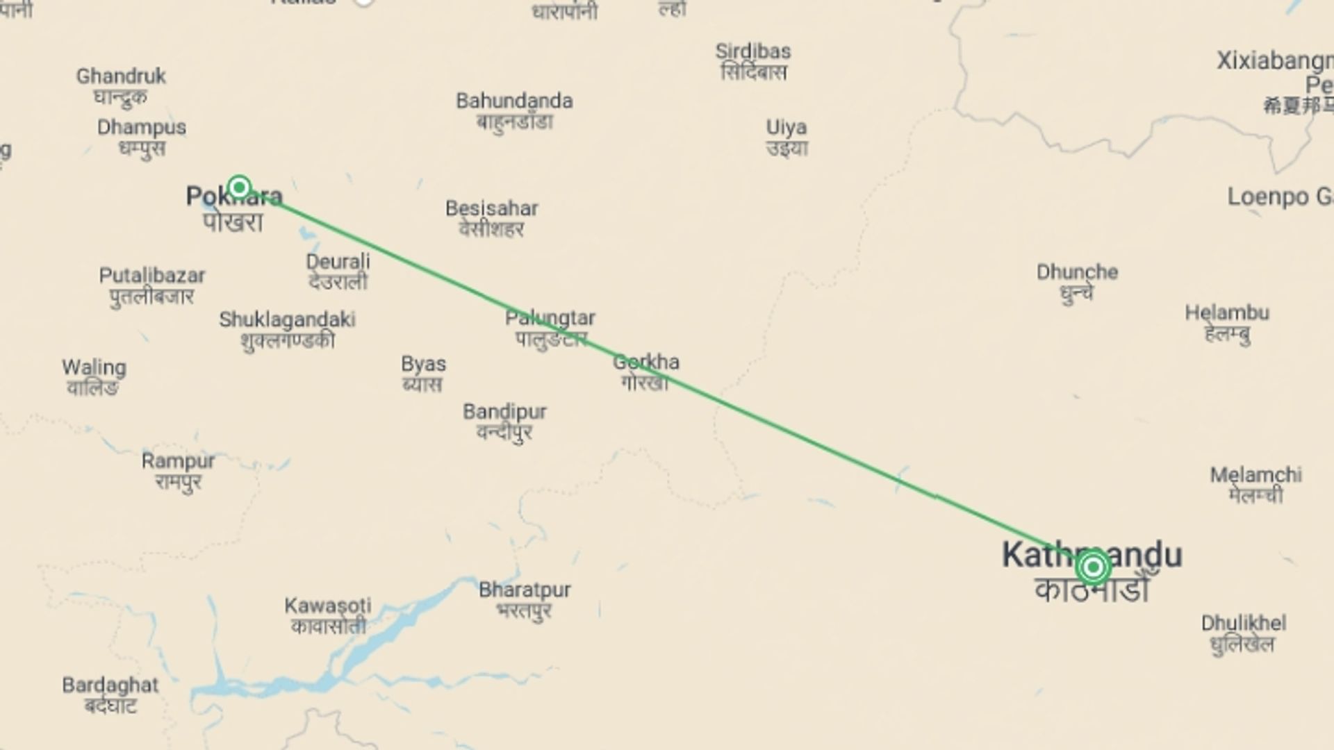A map showing the tour itinerary for the trip: Kathmandu and Pokhara Tour, starting in Kathmandu, Nepal and ending in Kathmandu, Nepal going through 1 other destinations.