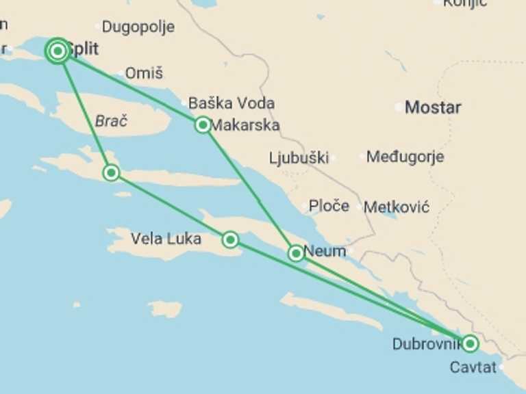 Map itinerary of Mediterranean Tour in June 2026 with 6 destination visits for the trip: Croatia Island Sail
