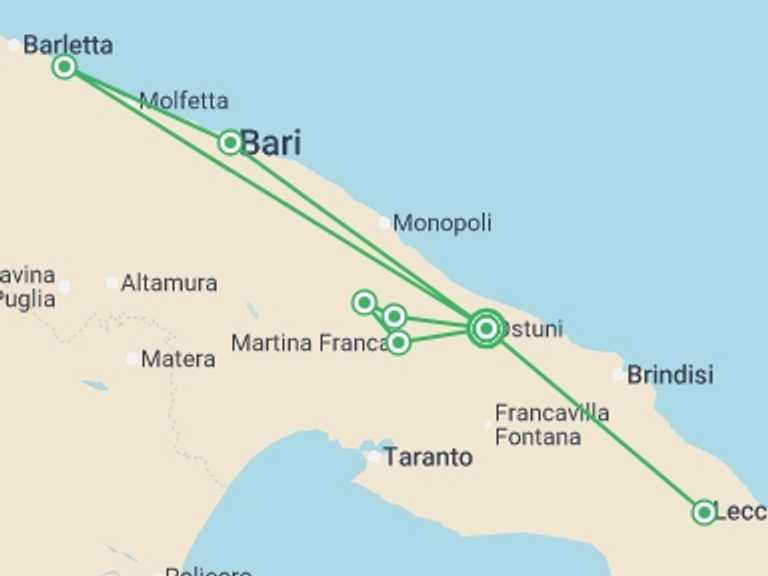 Map itinerary of Mediterranean Tour in May 2026 with 2 destination visits for the trip: Puglia Explorer - 8 days