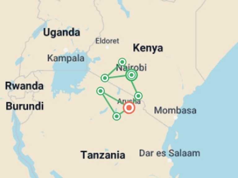 Map of Nairobi Wildlife Tour with 7 destination visits for the trip: Kenya and Tanzania Safari