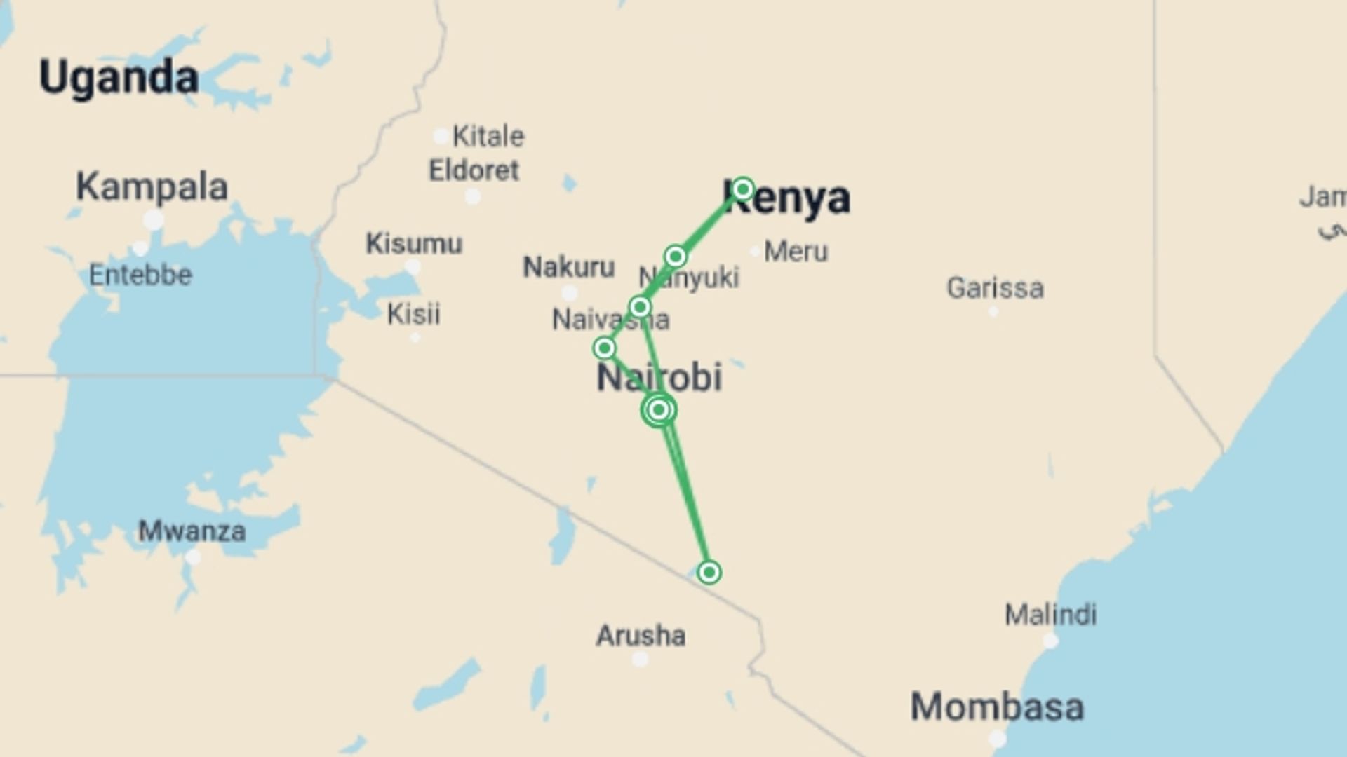 A map showing the tour itinerary for the trip: 12-Days Best of Kenya Wildlife Safari, starting in Nairobi, Kenya and ending in Nairobi, Kenya going through 7 other destinations.