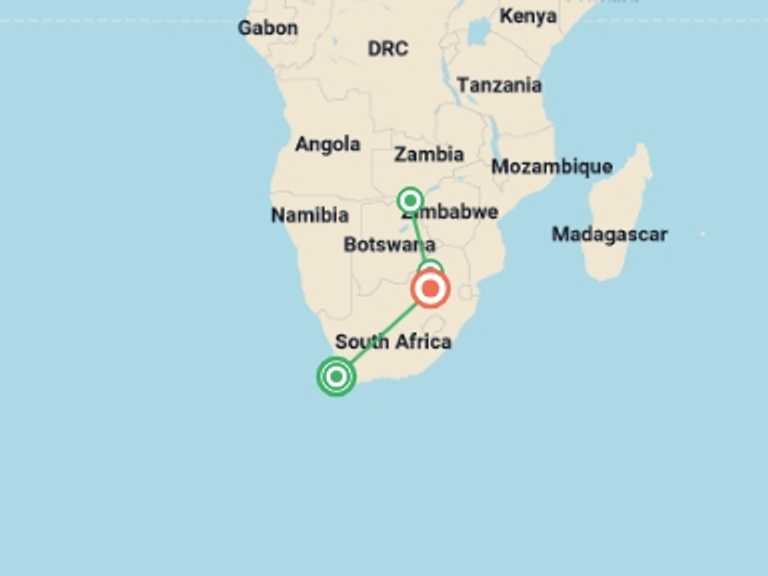 Map of Southern Africa Tour with 4 destination visits for the trip: Icons of Southern Africa