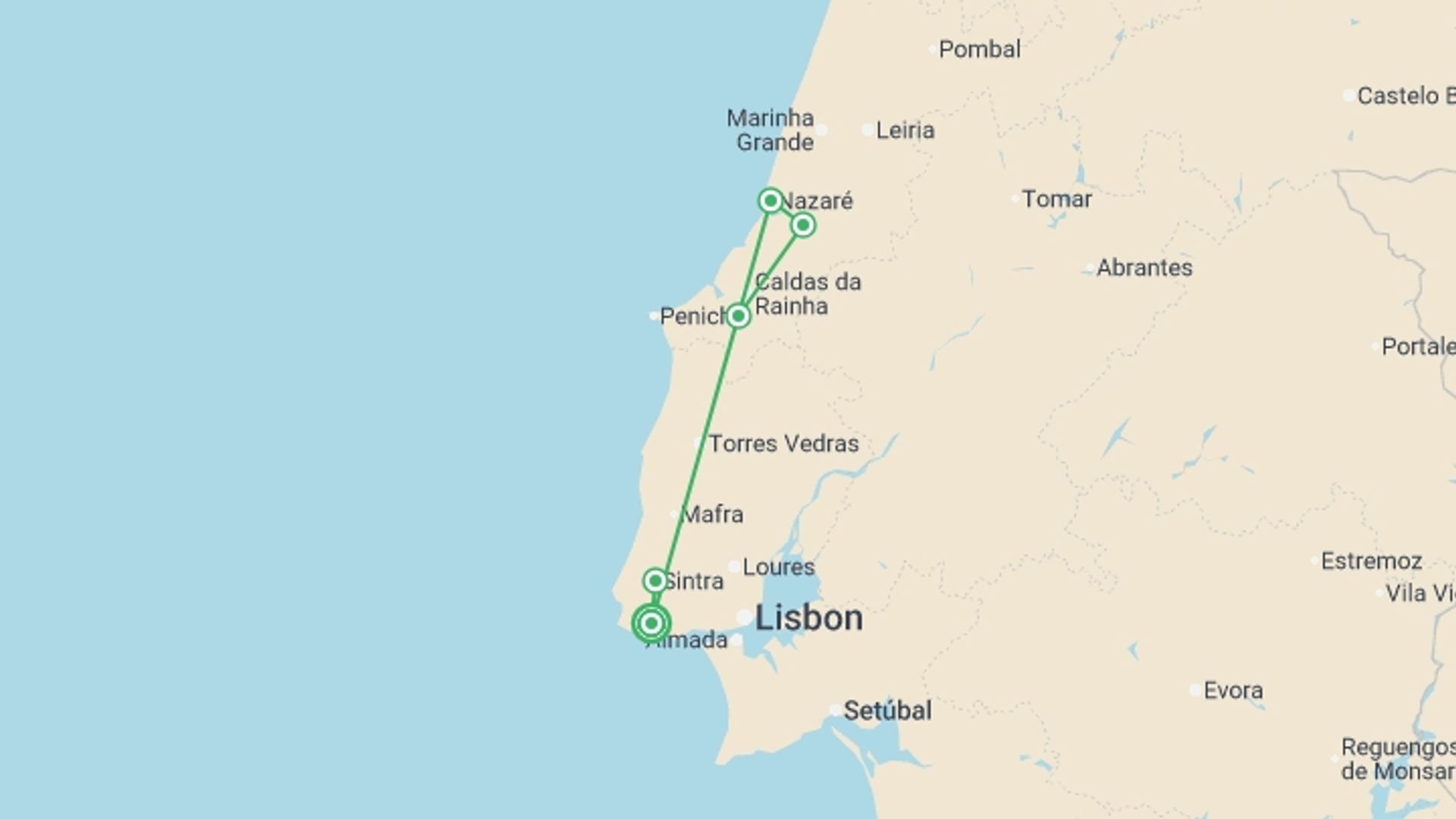 A map showing the tour itinerary for the trip: Estoril, Lisbon & Coast - 8 days, starting in Estoril, Portugal and ending in Estoril, Portugal going through 0 other destinations.