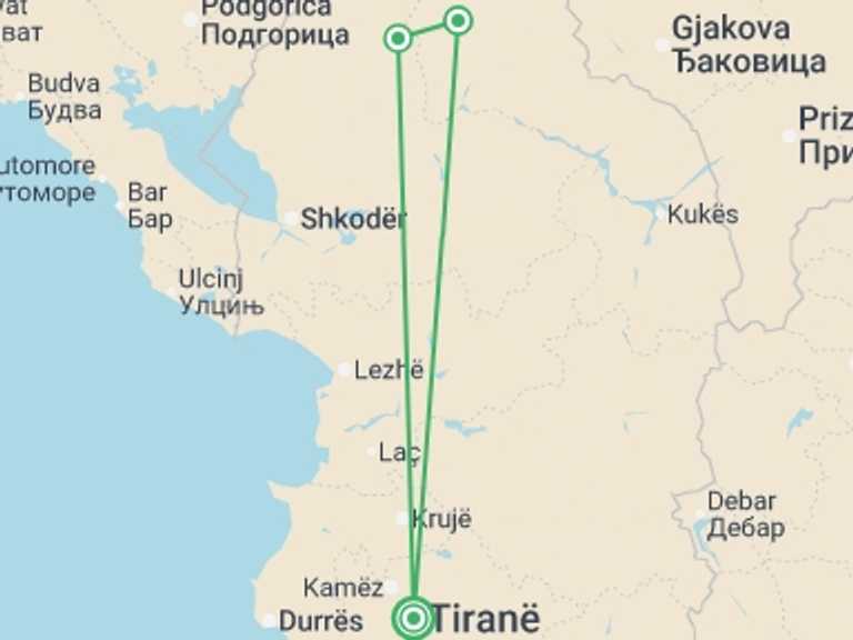 Map of Tirana Explorer Tour with 3 destination visits for the trip: Trek Albania - 4 days