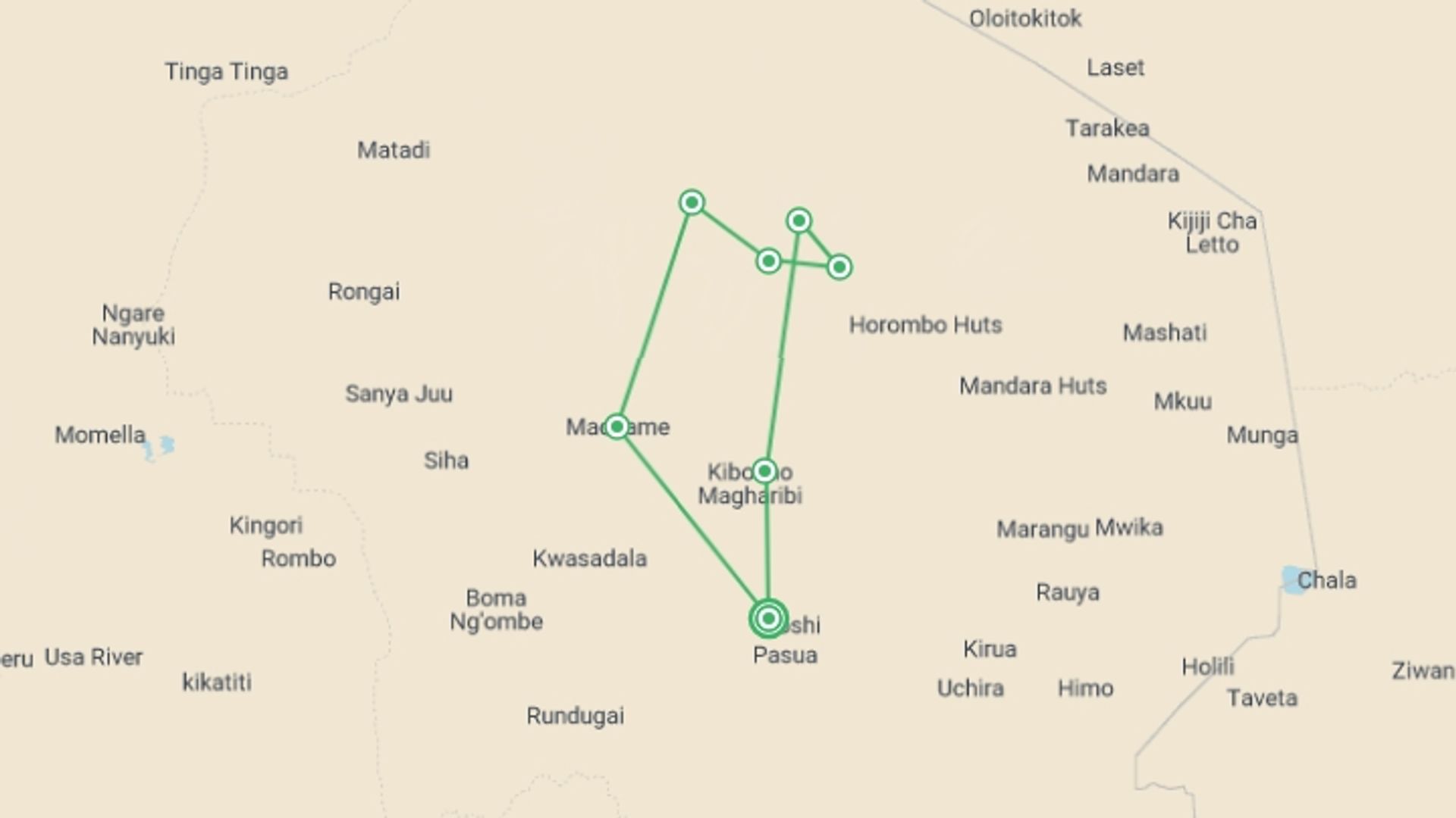 A map showing the tour itinerary for the trip: 8-Day Kilimanjaro Trekking: Machame Route, starting in Moshi, Tanzania and ending in Moshi, Tanzania going through 7 other destinations.