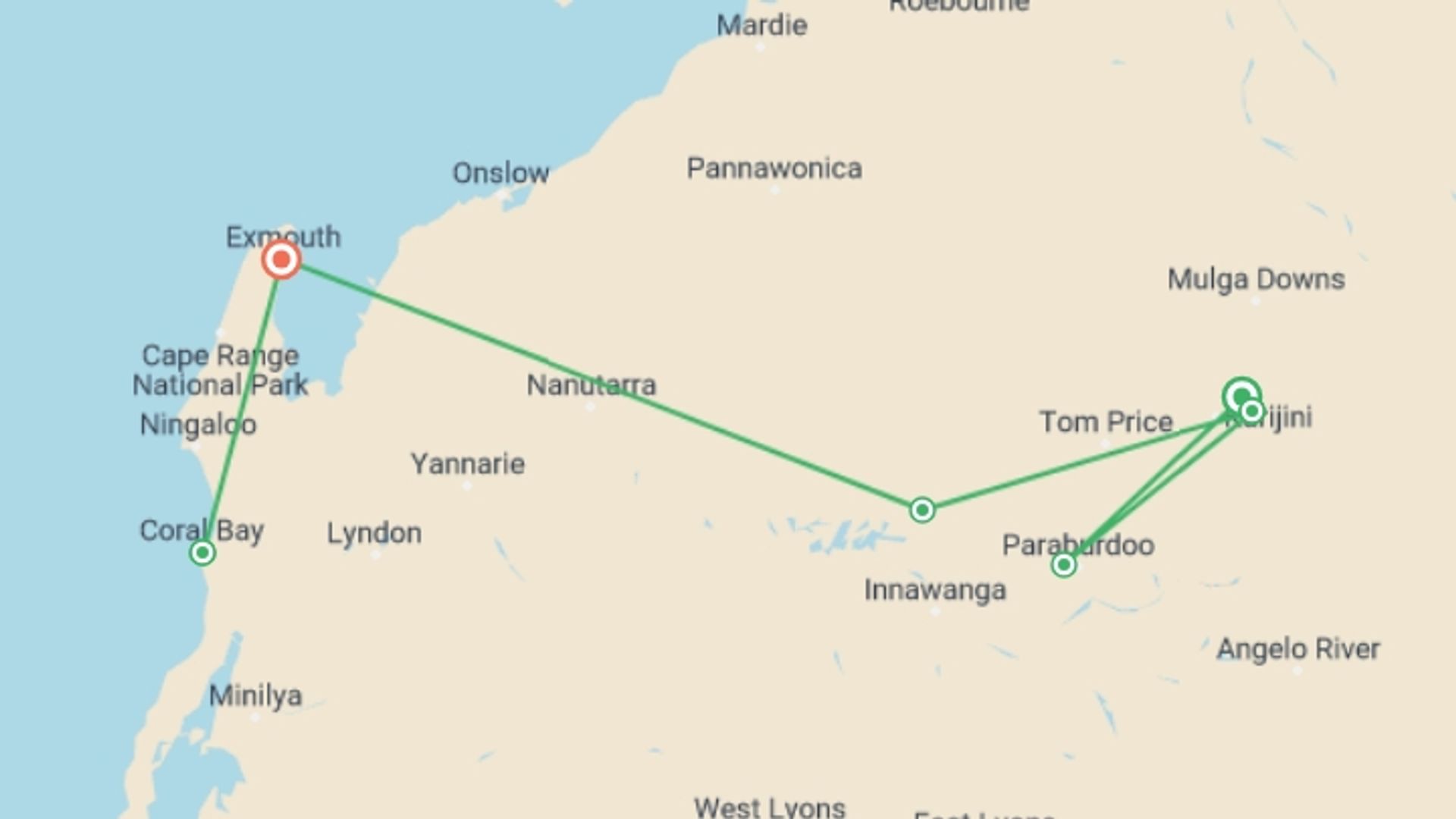 A map showing the tour itinerary for the trip: Walk Western Australia's Karijini & Ningaloo Reef, starting in Karijini National Park, Australia and ending in Exmouth, Australia going through 4 other destinations.